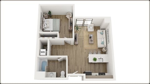 Floor plan for 1 bed, 1 bath, 615 sqft